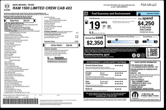 2020 Ram 1500 Limited 4x2 Crew Cab 5'7" Box - 23066520 - 2