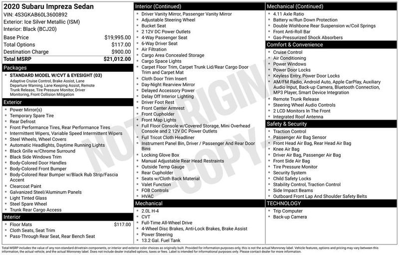2020 Subaru Impreza 4-door CVT - 22922864 - 5