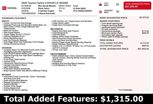 2020 Toyota Camry LE Automatic - 22937844 - 2