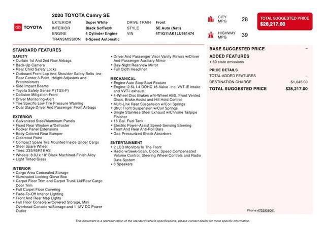 2020 Toyota Camry SE Automatic - 23042883 - 2