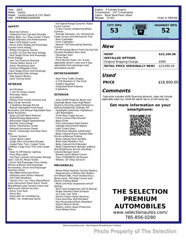 2020 Toyota Corolla HYBRID LE W/TOYOTA SAFTEY SENSE & STAR SAFETY SYSTEM - 23031088 - 2