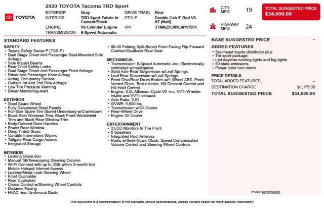 2020 Toyota Tacoma 2WD TRD Sport Double Cab 5' Bed V6 AT (Natl) - 22994190 - 2