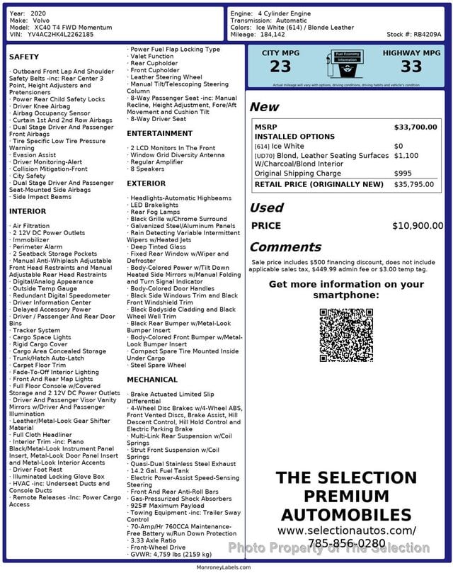 2020 Volvo XC40 T4 FWD MOMENTUM W/BLINDSPOT & HARMON KARDON - 22994746 - 2