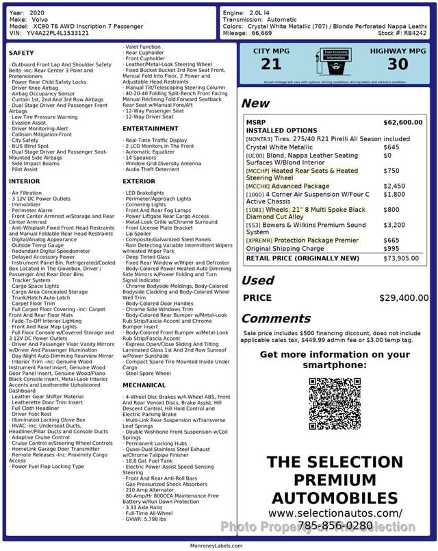 2020 Volvo XC90 T6 AWD INSCRIPTION 7-PASSENGER W/ADVANCE PACKAGE - 23001781 - 2