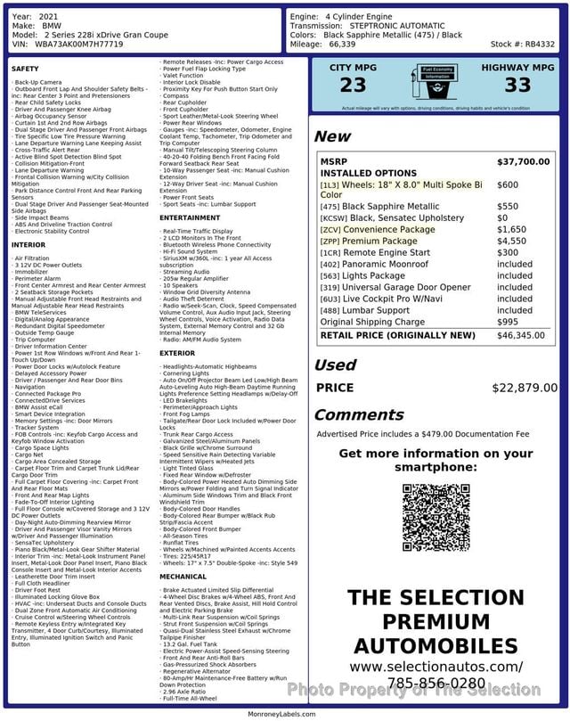 2021 BMW 2 Series BMW 2-SERIES 228I XDRIVE SEDAN W/PREMIUM PACKAGE & CONVENIENCE  - 23058668 - 2