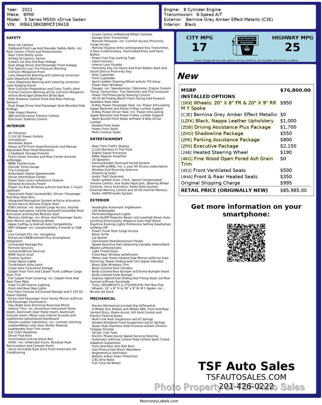 2021 BMW 5 Series M550i xDrive DRIVER ASSIST+/EXECUTIVE/PARK ASSIST/SHADOWLINE PKG - 22965600 - 1