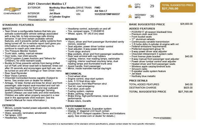 2021 Chevrolet Malibu 4dr Sedan LT - 23000165 - 2