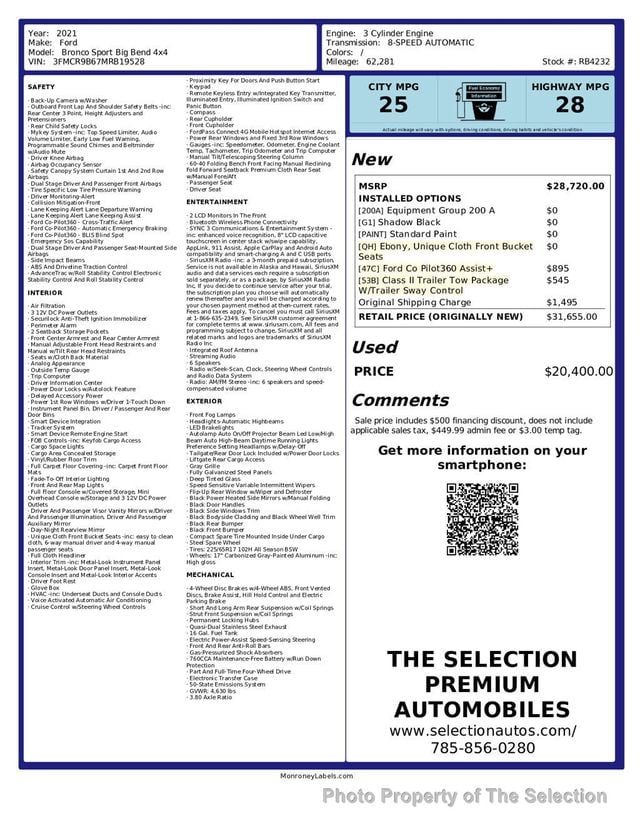 2021 Ford Bronco Sport BIG BEND 4X4 W/EQUIPMENT GROUP 200A & FORD CO-PILOT360 ASSIST - 22999387 - 1