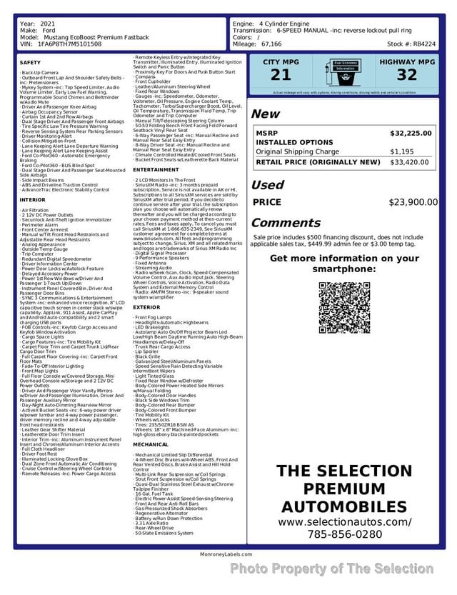 2021 Ford Mustang ECOBOOST PREMIUM FASTBACK W/EQUIPMENT GROUP 201A & PONY PCKAGE - 22996233 - 2