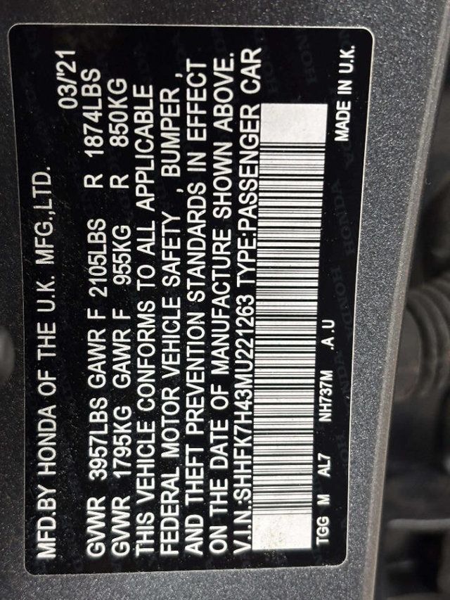 2021 Honda Civic Hatchback Sport CVT - 23020082 - 34