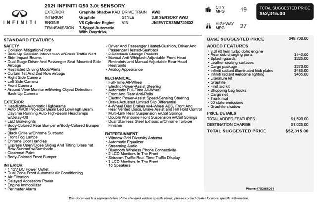 2021 INFINITI Q50 3.0t SENSORY AWD - 23079781 - 2
