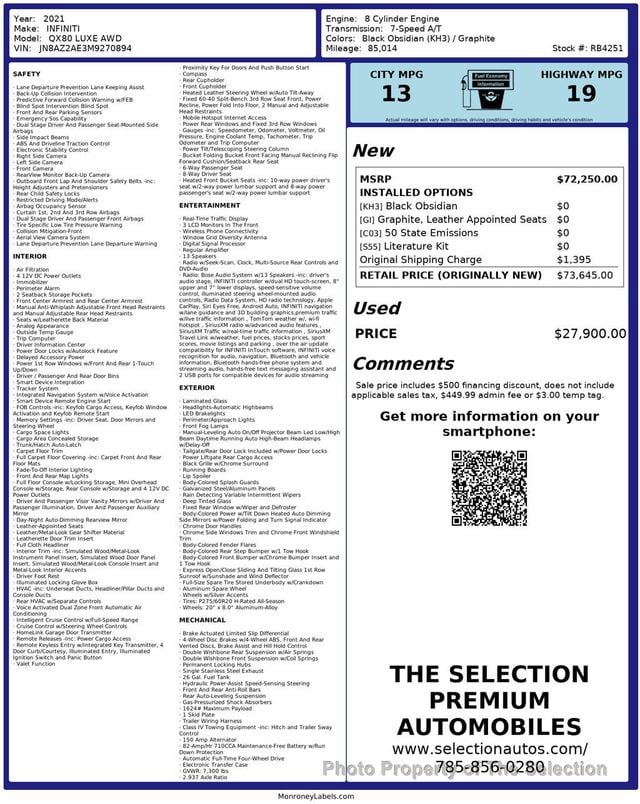 2021 INFINITI QX80 LUXE AWD W/LANE KEEPING ASSIST, APPLE CARPLAY/ANDROID AUDIO - 23009550 - 2