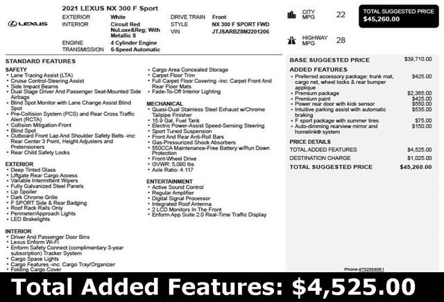 2021 Lexus NX NX 300 F SPORT FWD - 22953810 - 2