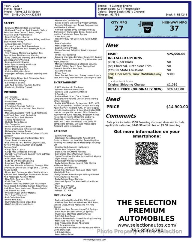 2021 Nissan Altima 2.5 SV W/BLIND SPOT, APPLE CARPLAY & ANDROID AUDIO - 23009526 - 2