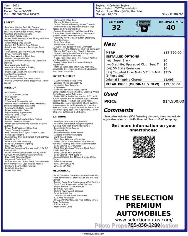 2021 Nissan Versa SV W/APPLE CARPLAY/ANDROID AUDIO, BACK-UP CAMERA - 23013799 - 2