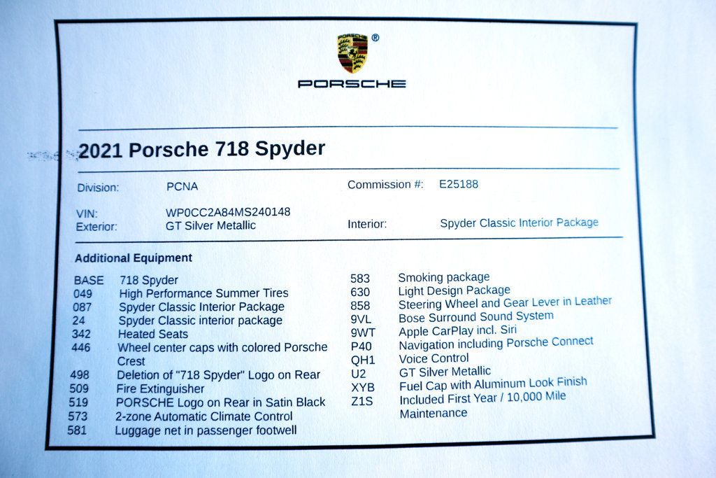 2021 Porsche 718 SPYDER MANUAL * ONLY 4K MILES...718 SPYDER MANUAL TRANS! - 22706199 - 21