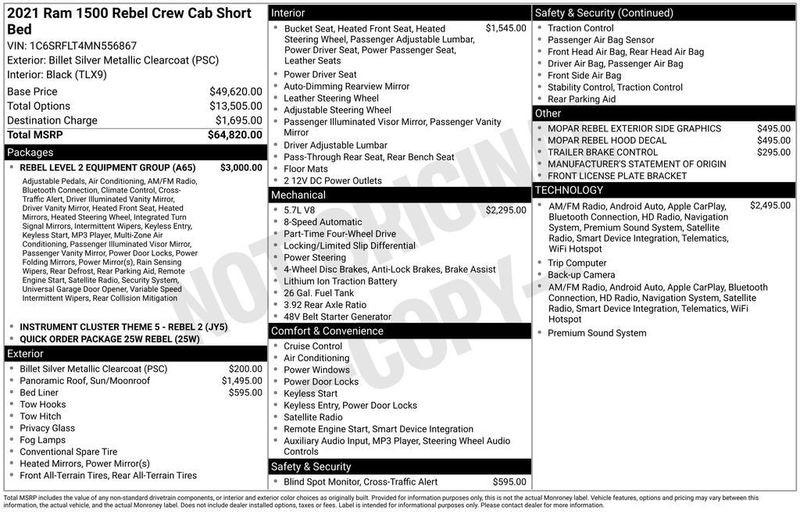 2021 Ram 1500 Rebel 4x4 Crew Cab 5'7" Box - 23023340 - 5