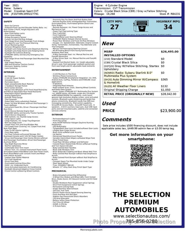 2021 Subaru Crosstrek SPORT W/SUBARU STARLINK 8.0 MUTLIMEDIA SYSTEM - 22999389 - 2