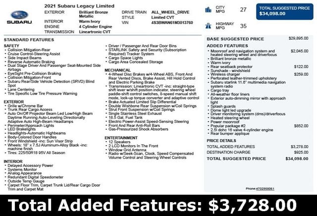 2021 Subaru Legacy Limited CVT - 22925005 - 2