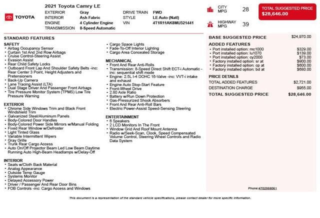2021 Toyota Camry LE Automatic - 22988921 - 2