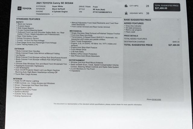 2021 Toyota Camry SE Automatic - 23059651 - 40