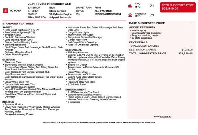 2021 Toyota Highlander XLE FWD - 22965702 - 2