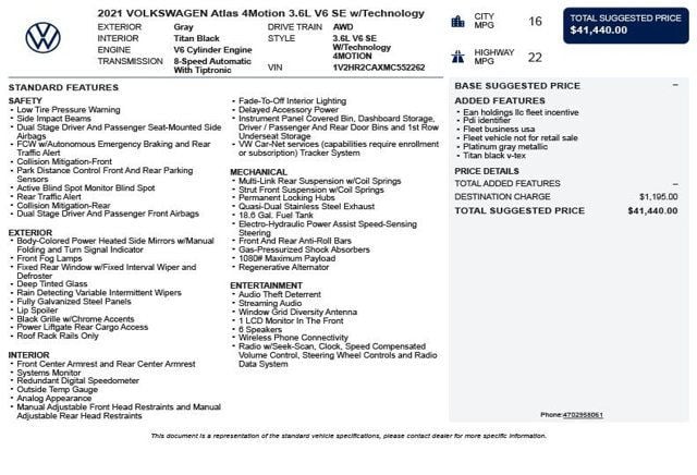 2021 Volkswagen Atlas 2021.5 3.6L V6 SE w/Technology 4MOTION - 23043619 - 2