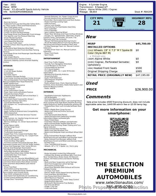 2022 BMW X3 xDRIVE 30i SPORTS ACTIVITY WB/ BLIND SPOT & LANE KEEP ASSIST - 22980095 - 20