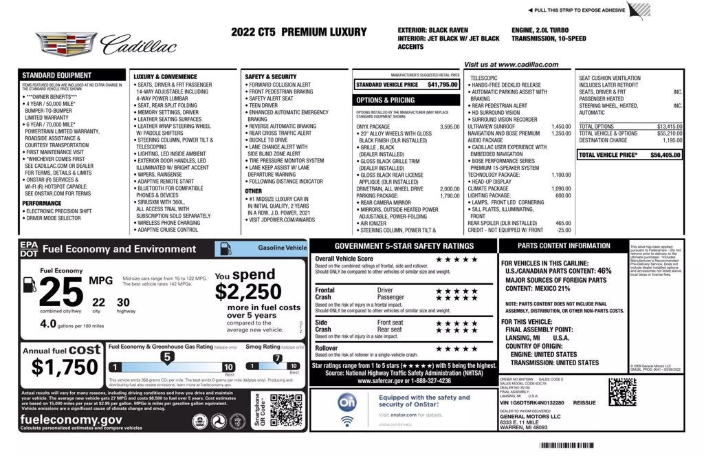 2022 Cadillac CT5 4dr Sedan Premium Luxury - 22452572 - 37