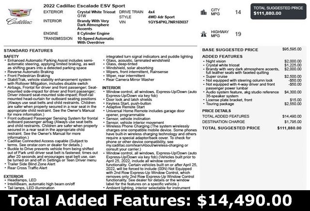 2022 Cadillac Escalade ESV 4WD 4dr Sport - 22867875 - 2