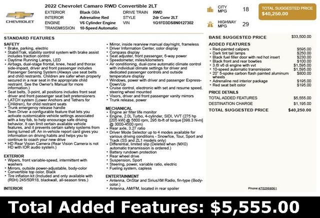 2022 Chevrolet Camaro 2dr Convertible 2LT - 22955512 - 2