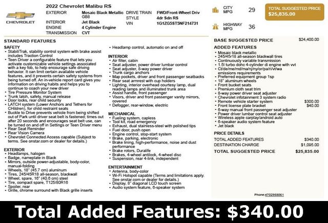 2022 Chevrolet Malibu 4dr Sedan RS - 22985134 - 2