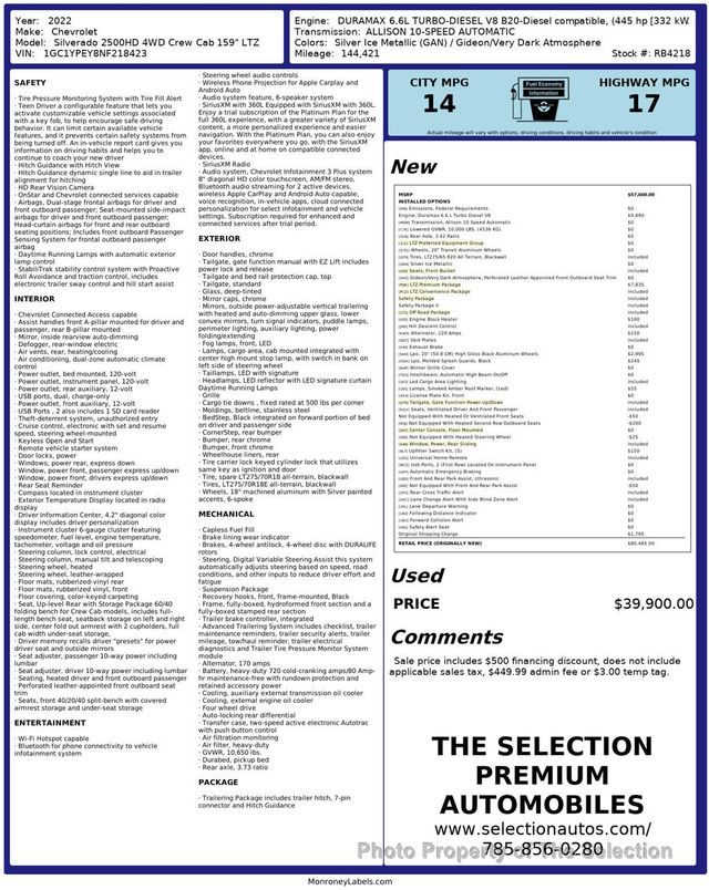 2022 Chevrolet Silverado 2500HD 4WD CREW CAB LTZ 2500HD 6.6L DIESEL W/10-SPEED ALLISON TRANS - 22986029 - 2
