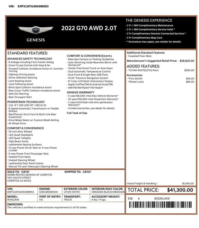 2022 Genesis G70 2.0T AWD - 22956705 - 6