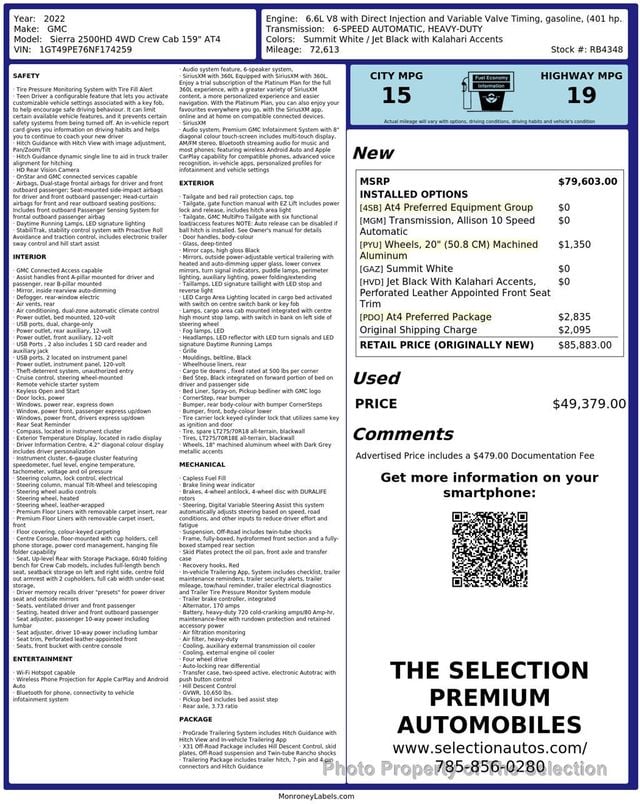 2022 GMC Sierra 2500HD 4WD CREW CAB AT4 w/AT4 PREFERRED PKG & ALLISON TRANSMISSION - 23064883 - 2
