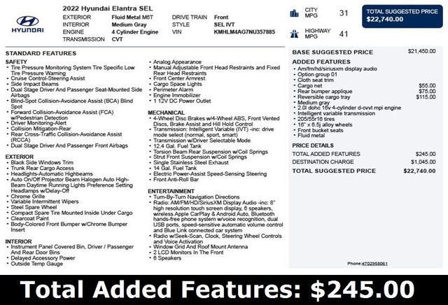 2022 Hyundai Elantra SEL IVT - 22974200 - 2