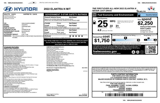 2022 Hyundai Elantra N 6 Speed Manual N Light Sport Bucket Seats - 23016527 - 9