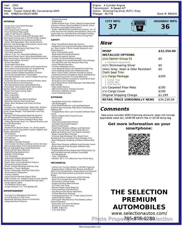 2022 Hyundai Tucson Hybrid SEL CONVENIENCE AWD W/APPLE CAR PLAY & LANE KEEPING ASSIST.  - 23001782 - 2