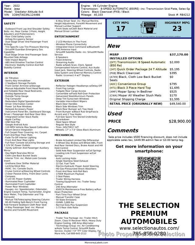 2022 Jeep Gladiator ALTITUDE 4X4 W/CUSTOMER PREFERRED PACKAGE 24T - 22983234 - 2