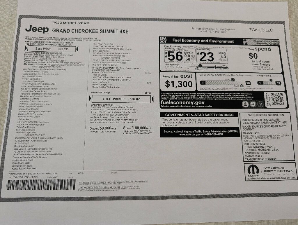 2022 Jeep Grand Cherokee 4xe Grand Cherokee Summit 4x4 $79,600 MSRP - 22986890 - 60