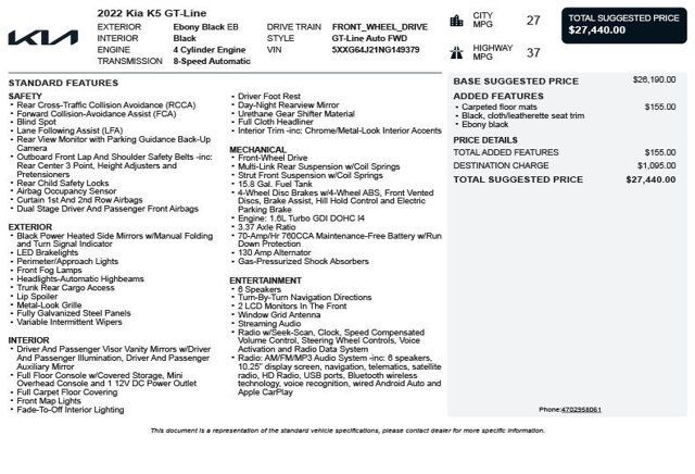 2022 Kia K5 GT-Line Automatic FWD - 22978953 - 2