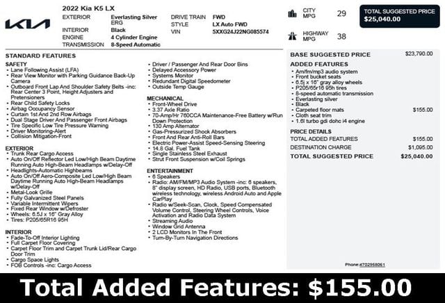 2022 Kia K5 LX Automatic FWD - 22981477 - 2