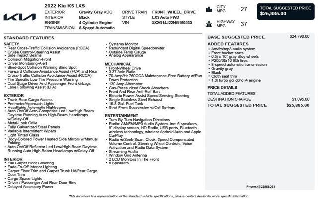 2022 Kia K5 LXS Automatic FWD - 22981449 - 2