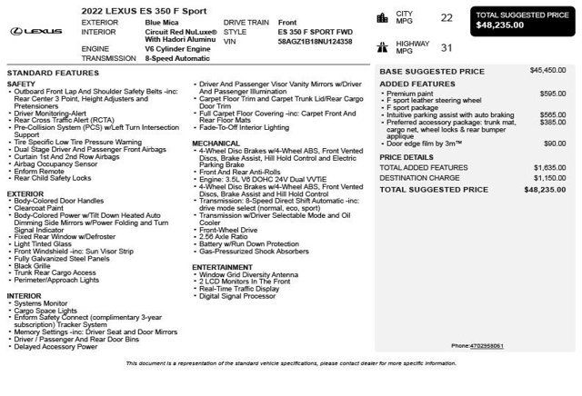 2022 Lexus ES ES 350 F SPORT FWD - 23010239 - 2