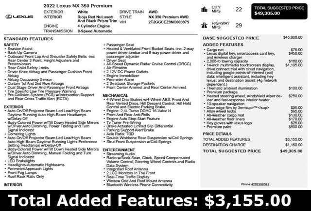 2022 Lexus NX NX 350 Premium AWD - 22966195 - 2