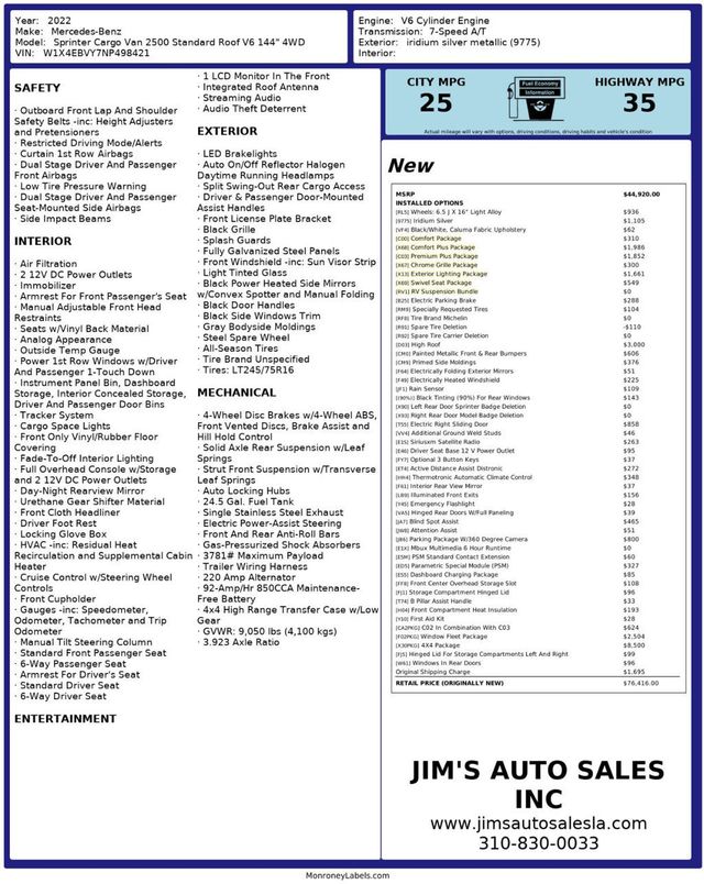 2022 Mercedes-Benz Sprinter Cargo Van 2500 V6 4WD Comfort Plus Pkg Premium Plus Pkg - 22945676 - 7