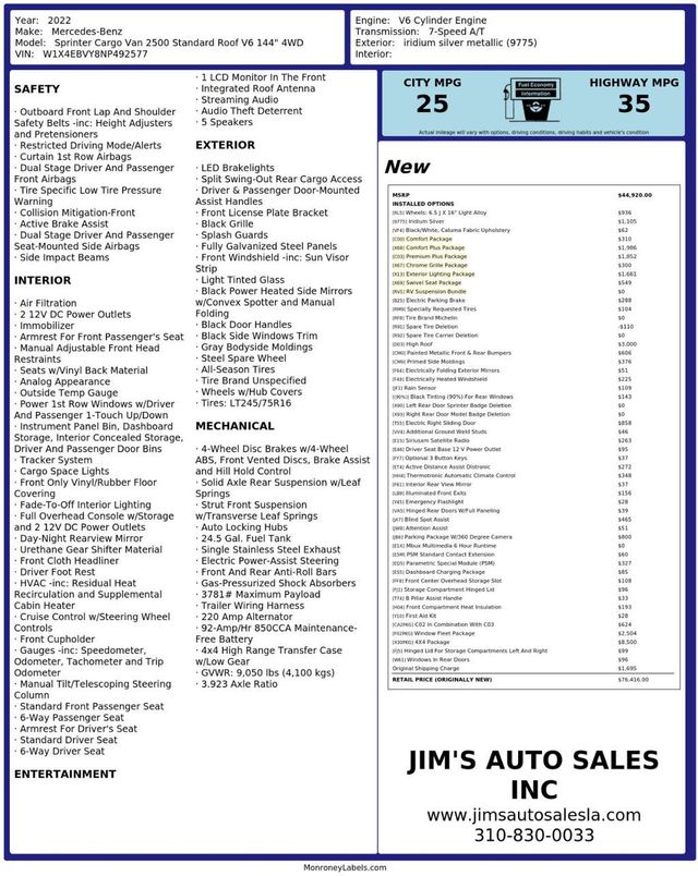 2022 Mercedes-Benz Sprinter Cargo Van NEW 2500 Cargo High Roof 4WD Premium/Comfort Plus Package - 23057034 - 7