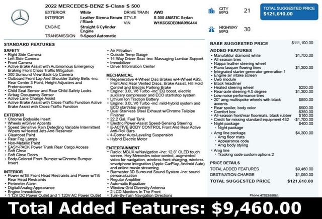 2022 Mercedes-Benz S-Class S 500 4MATIC Sedan - 22935716 - 2