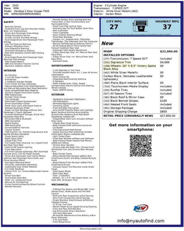 2022 MINI Cooper Hardtop 2 Door ONE OWNER, SIGNATURE TRIM, PAN SUNROOF, HEATED SEATS, BACKUP CAM - 22967479 - 23