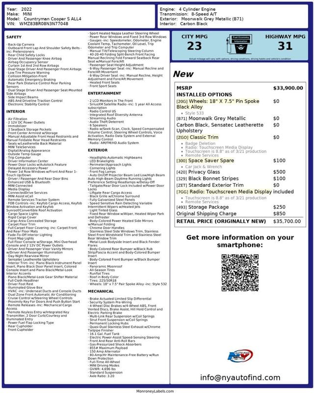 2022 MINI Cooper S Countryman ONE OWNER, AWD, PAN SUNROOF, 18" ALLOY WHEELS, BACKUP CAMERA - 22957574 - 25